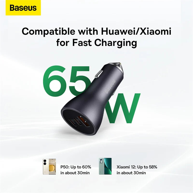 Chargeur de voiture Baseus Golden Contactor Pro Triple Rapide 65W U+C+C  CGJP010003