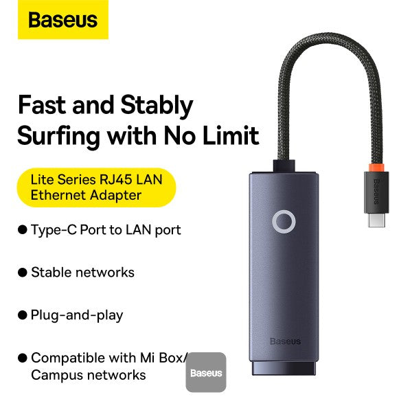 Adaptateur Ethernet Baseus Lite Series RJ45 (Type-C vers RJ45) - Hub 1000 Mbps - Gris
