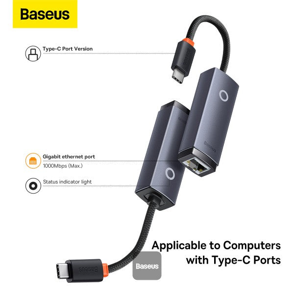 Adaptateur Ethernet Baseus Lite Series RJ45 (Type-C vers RJ45) - Hub 1000 Mbps - Gris