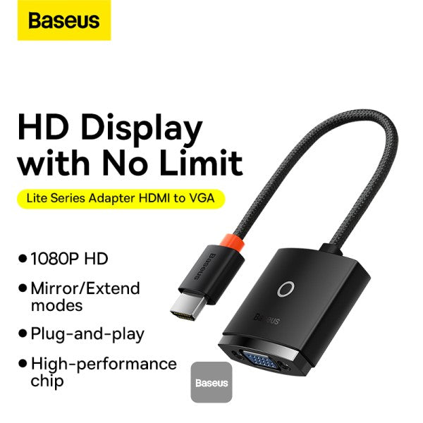 Adaptateur Baseus HDMI vers VGA 1080p compatible HD, convertisseur de câble numérique mâle/femelle pour Xbox, PS5, PS4, box TV, ordinateur portable et projecteur-WKQX010001