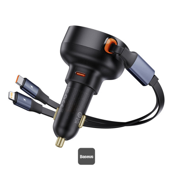 Chargeur de voiture Baseus avec port USB-C et câble rétractable USB-C et Lightning 60 W, gamme Enjoyment Pro - Noir C00057802111-02