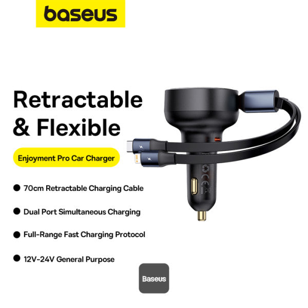 Chargeur de voiture Baseus avec port USB-C et câble rétractable USB-C et Lightning 60 W, gamme Enjoyment Pro - Noir C00057802111-02