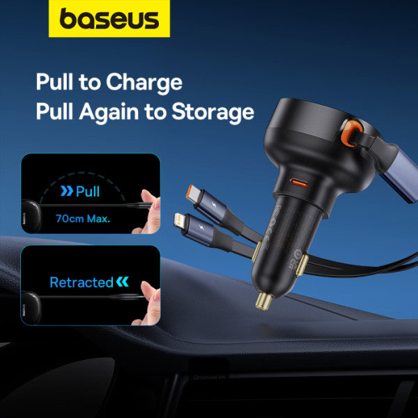 Chargeur de voiture Baseus avec port USB-C et câble rétractable USB-C et Lightning 60 W, gamme Enjoyment Pro - Noir C00057802111-02