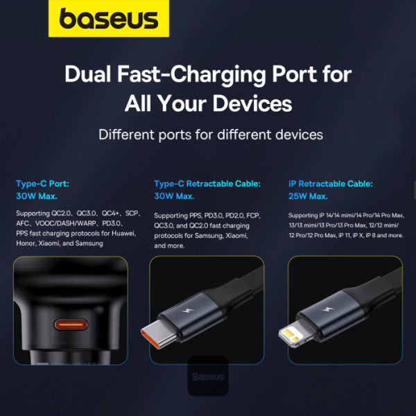 Chargeur de voiture Baseus avec port USB-C et câble rétractable USB-C et Lightning 60 W, gamme Enjoyment Pro - Noir C00057802111-02