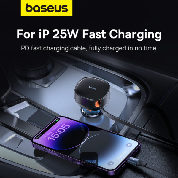 Chargeur de voiture Baseus avec port USB-C et câble rétractable USB-C et Lightning 60 W, gamme Enjoyment Pro - Noir C00057802111-02