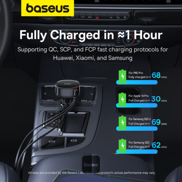 Chargeur de voiture Baseus avec port USB-C et câble rétractable USB-C et Lightning 60 W, gamme Enjoyment Pro - Noir C00057802111-02