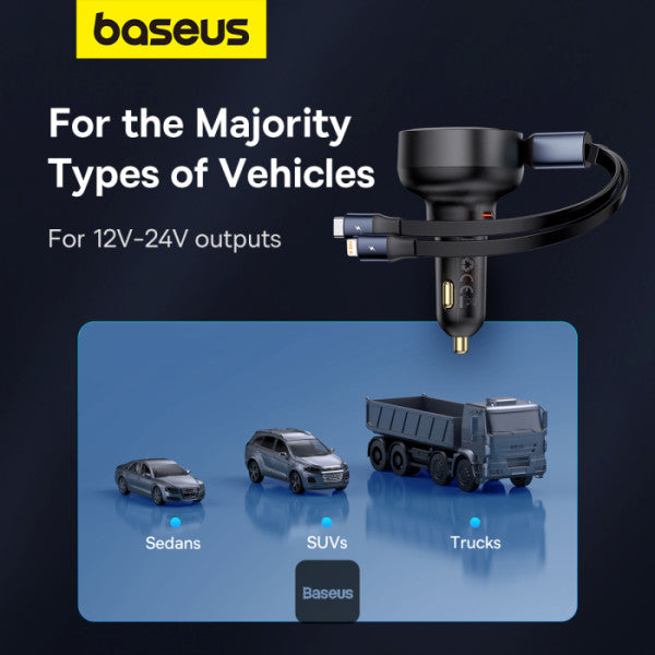 Chargeur de voiture Baseus avec port USB-C et câble rétractable USB-C et Lightning 60 W, gamme Enjoyment Pro - Noir C00057802111-02