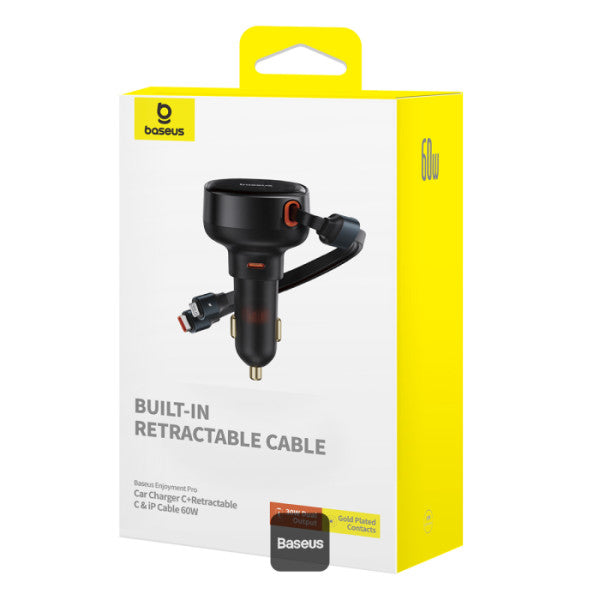 Chargeur de voiture Baseus avec port USB-C et câble rétractable USB-C et Lightning 60 W, gamme Enjoyment Pro - Noir C00057802111-02