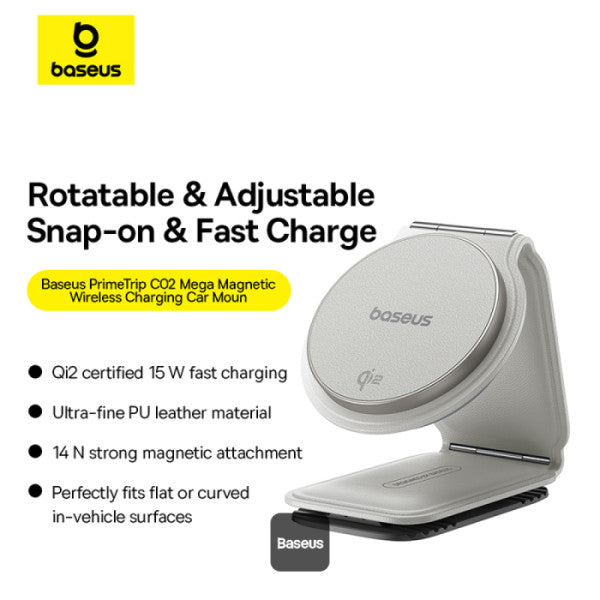 Support de téléphone de voiture Baseus C02 PrimeTrip Series Mega à charge magnétique sans fil avec chargeur sans fil Qi2 MagSafe 15 W - Fixation pour tableau de bord pliable et réglable à 360°