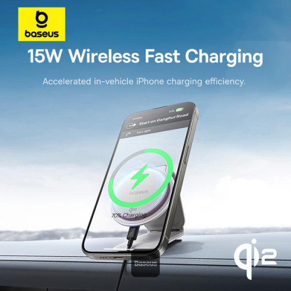 Support de téléphone de voiture Baseus C02 PrimeTrip Series Mega à charge magnétique sans fil avec chargeur sans fil Qi2 MagSafe 15 W - Fixation pour tableau de bord pliable et réglable à 360°