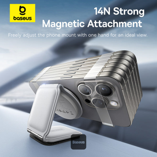 Support de téléphone de voiture Baseus C02 PrimeTrip Series Mega à charge magnétique sans fil avec chargeur sans fil Qi2 MagSafe 15 W - Fixation pour tableau de bord pliable et réglable à 360°
