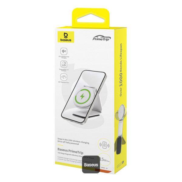 Support de téléphone de voiture Baseus C02 PrimeTrip Series Mega à charge magnétique sans fil avec chargeur sans fil Qi2 MagSafe 15 W - Fixation pour tableau de bord pliable et réglable à 360°