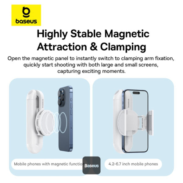 Perche à selfie Baseus TechShot à double support magnétique et à pince avec télécommande Bluetooth - Blanc  B10578300211-00