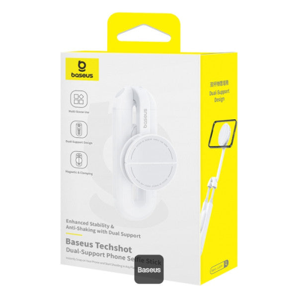 Perche à selfie Baseus TechShot à double support magnétique et à pince avec télécommande Bluetooth - Blanc  B10578300211-00