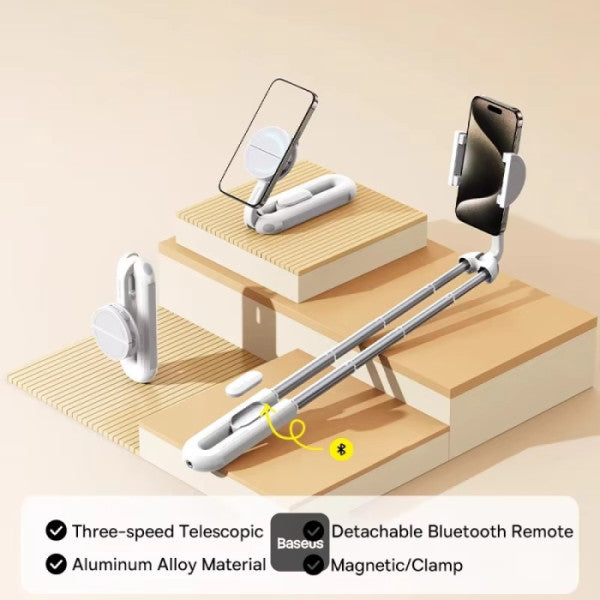 Perche à selfie Baseus TechShot à double support magnétique et à pince avec télécommande Bluetooth - Blanc  B10578300211-00