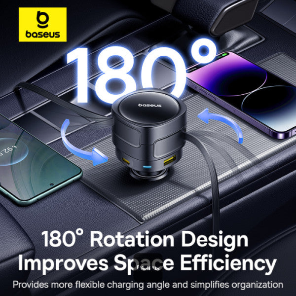 Chargeur de voiture Baseus Enjoyment Max 90 W – Deux câbles rétractables USB-C + ports USB-C et USB-A – Noir C00035507121-03