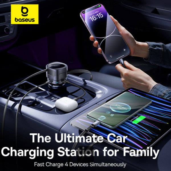 Chargeur de voiture Baseus Enjoyment Max 90 W – Deux câbles rétractables USB-C + ports USB-C et USB-A – Noir C00035507121-03
