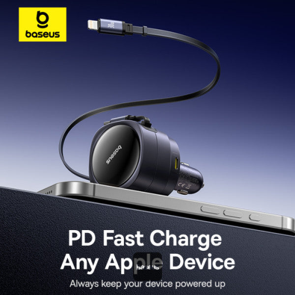Chargeur de voiture Baseus Enjoyment Max 90 W – Deux câbles rétractables USB-C + ports USB-C et USB-A – Noir C00035507121-03