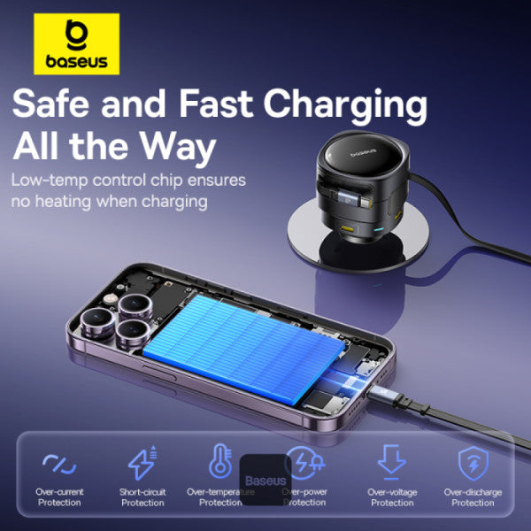 Chargeur de voiture Baseus Enjoyment Max 90 W – Deux câbles rétractables USB-C + ports USB-C et USB-A – Noir C00035507121-03