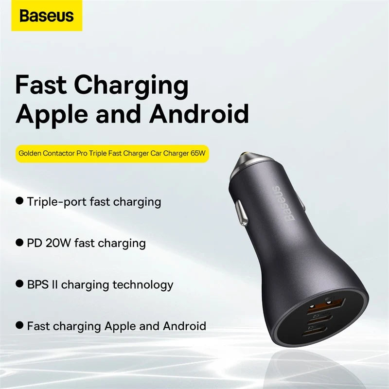 Chargeur de voiture Baseus Golden Contactor Pro Triple Rapide 65W U+C+C  CGJP010003