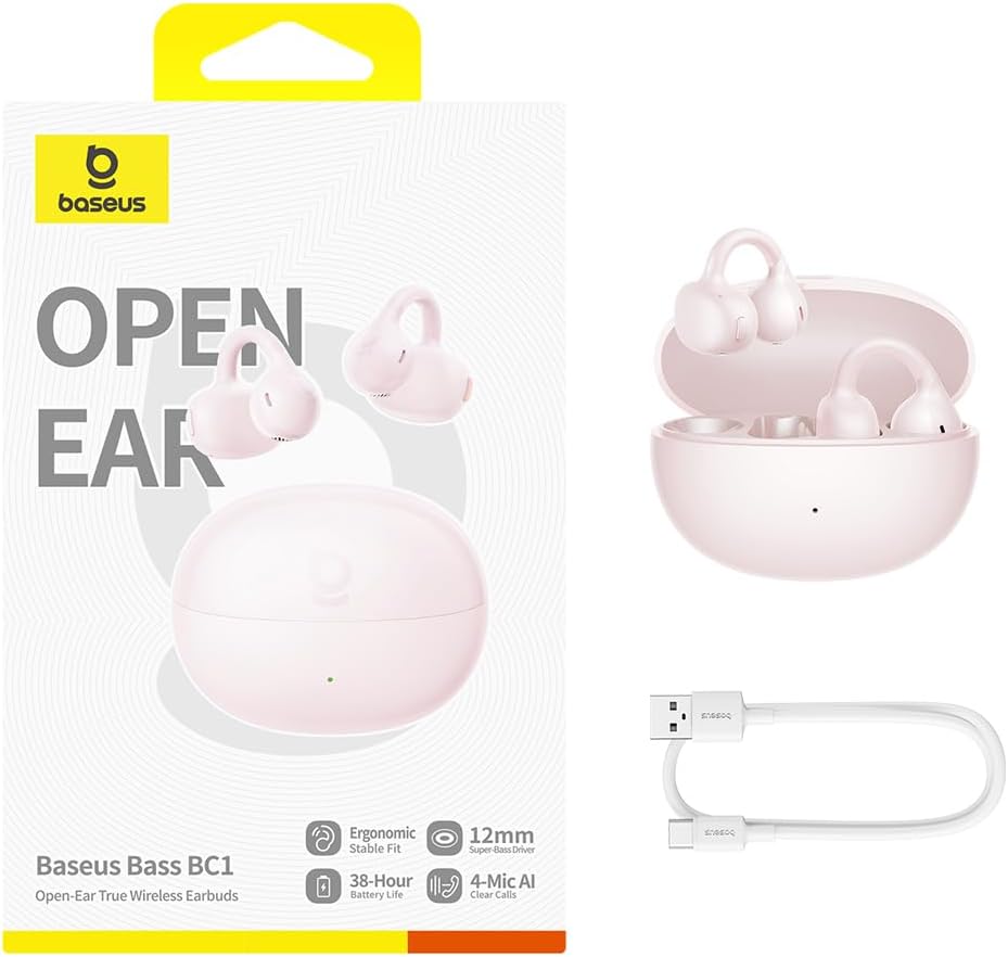 Baseus BC1 Écouteurs à Oreille Ouverte, Clip Oreilles, Son Impressionnant, Basses adaptatives, Bluetooth 6.0, réduction de Bruit en Appel, IP55, 38h