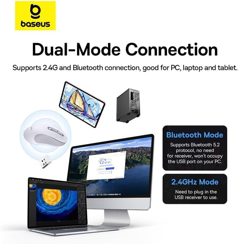 Baseus Souris ergonomique F02, 4000 DPI, 5 DPI réglable, souris sans fil Bluetooth 2,4 GHz, souris d'ordinateur USB pour ordinateur portable, PC, Chromebook, Notebook