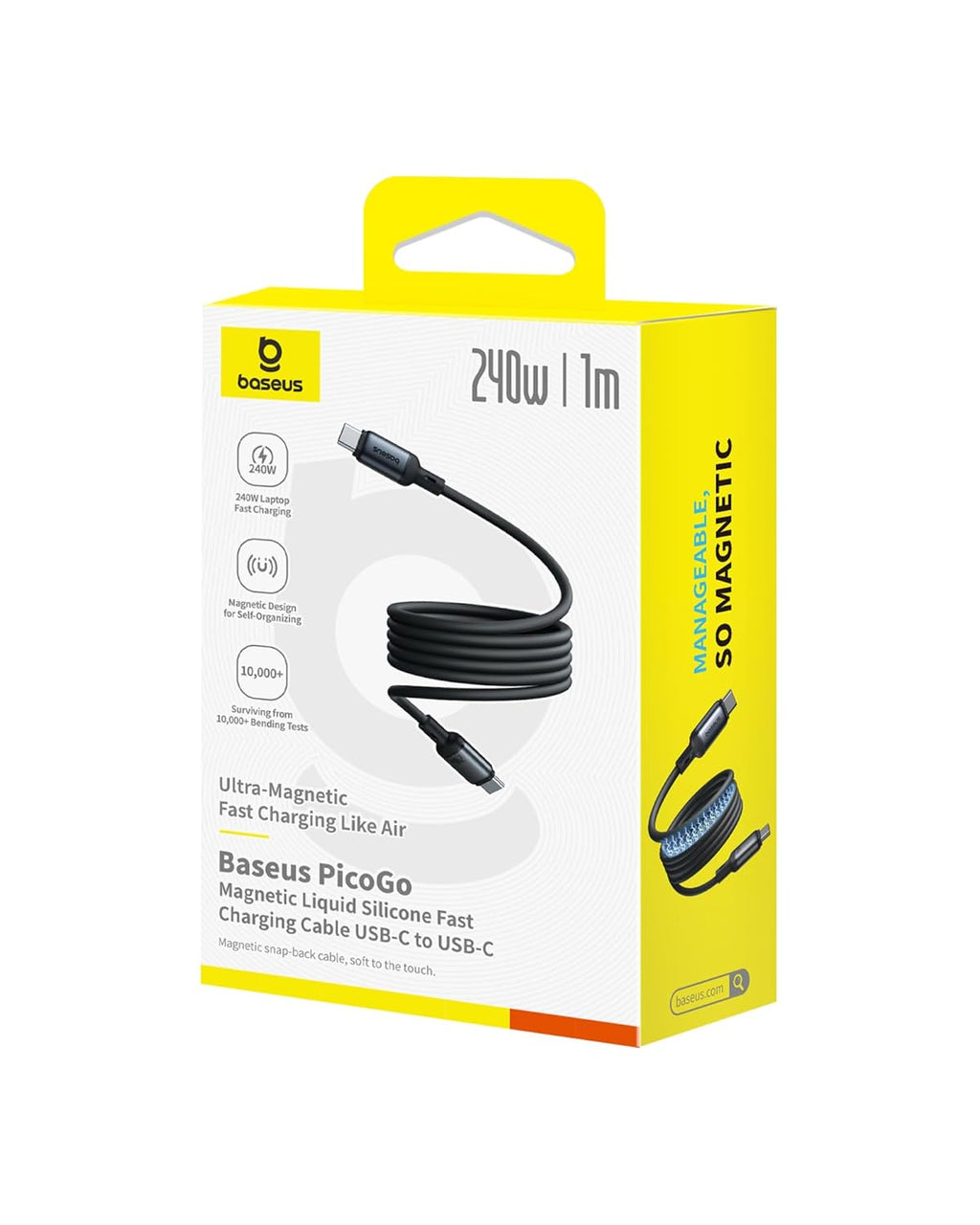 Câble magnétique USB-C Baseus PicoGo, 240 W, enroulé, compatible avec la charge rapide PD 5 A et QC 4.0, en silicone liquide, pour iPhone 16/15 Pro, Samsung Galaxy Pixel, iPad Pro et MacBook Air Noir