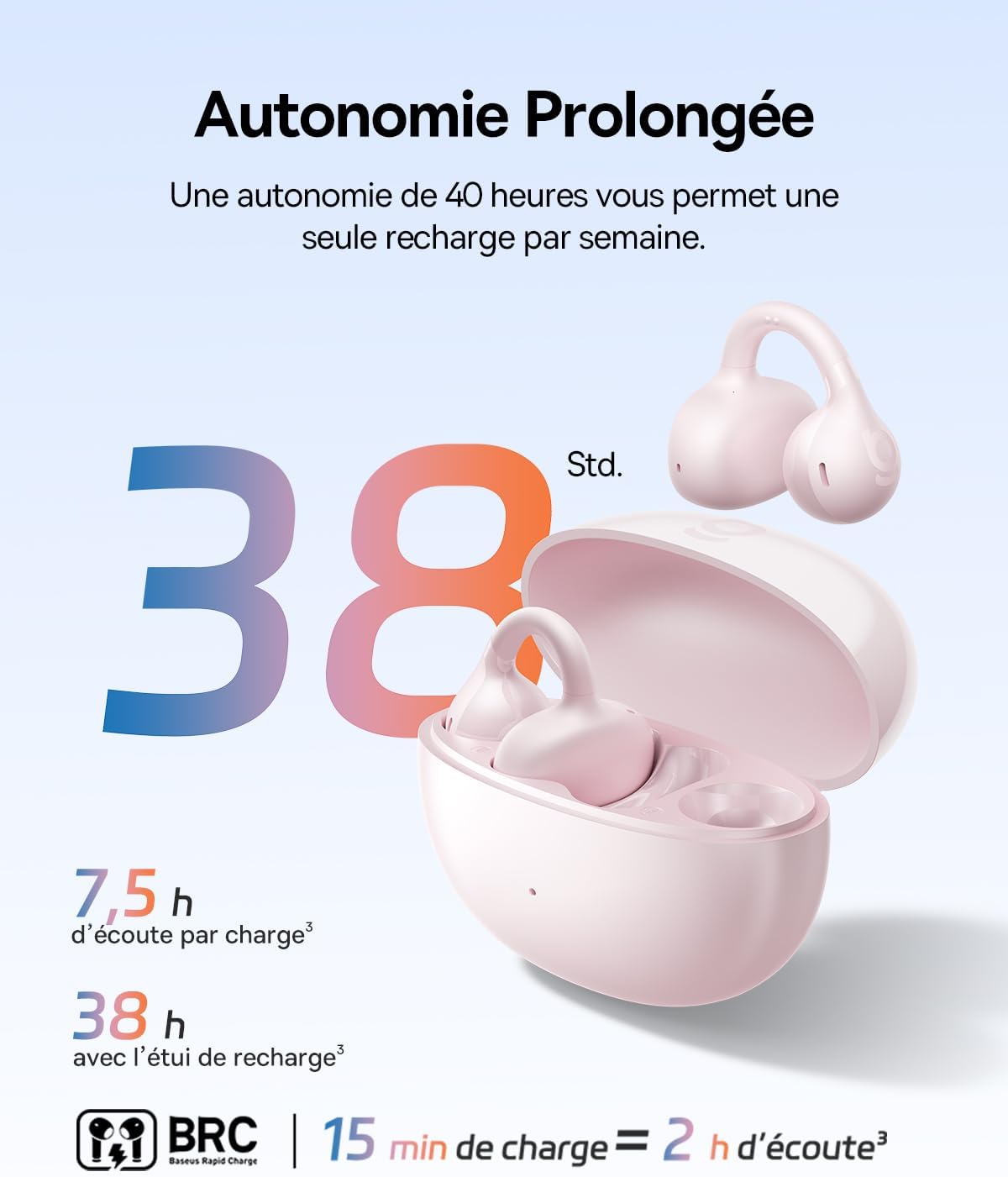 Baseus BC1 Écouteurs à Oreille Ouverte, Clip Oreilles, Son Impressionnant, Basses adaptatives, Bluetooth 6.0, réduction de Bruit en Appel, IP55, 38h
