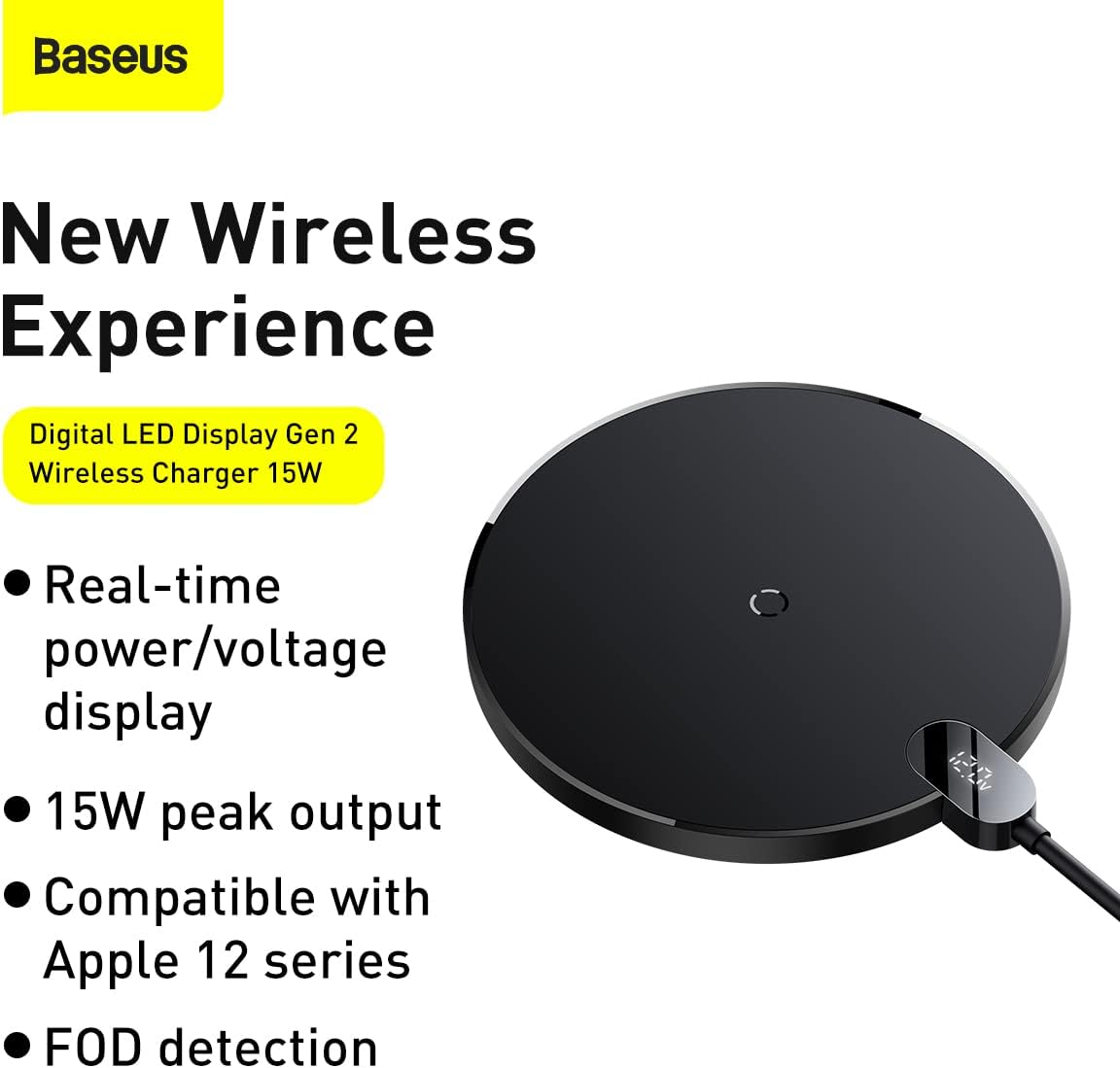 Chargeur sans fil à induction Baseus Digital LED 15 W (Noir)