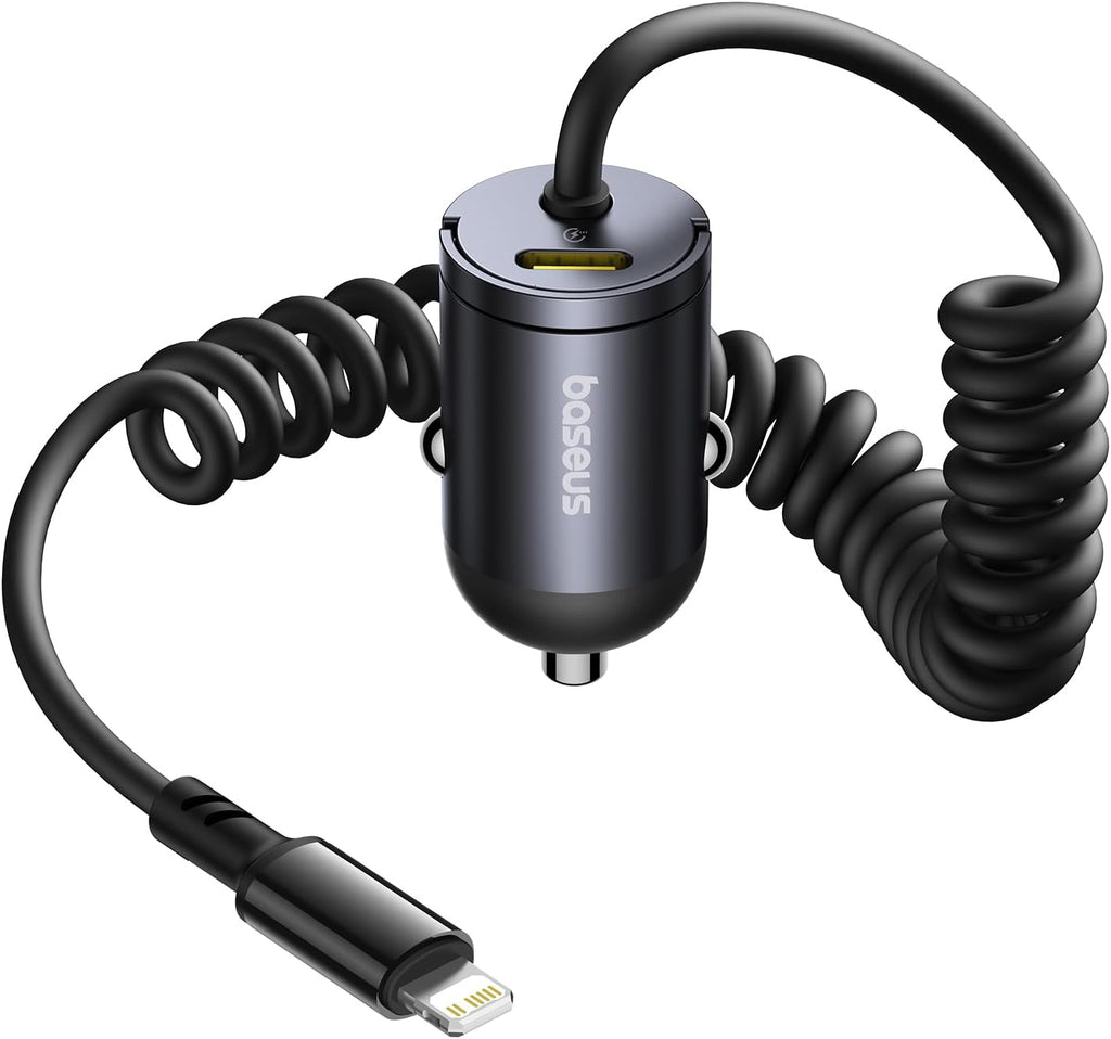 Chargeur de voiture baseus Tiny 1 port - Type C + câble spiralé 30 W iphone USB-C, charge ultra-rapide PD et QC 3.0 pour iPhone 14, 13, 12, 11, iPad, MacBook Air