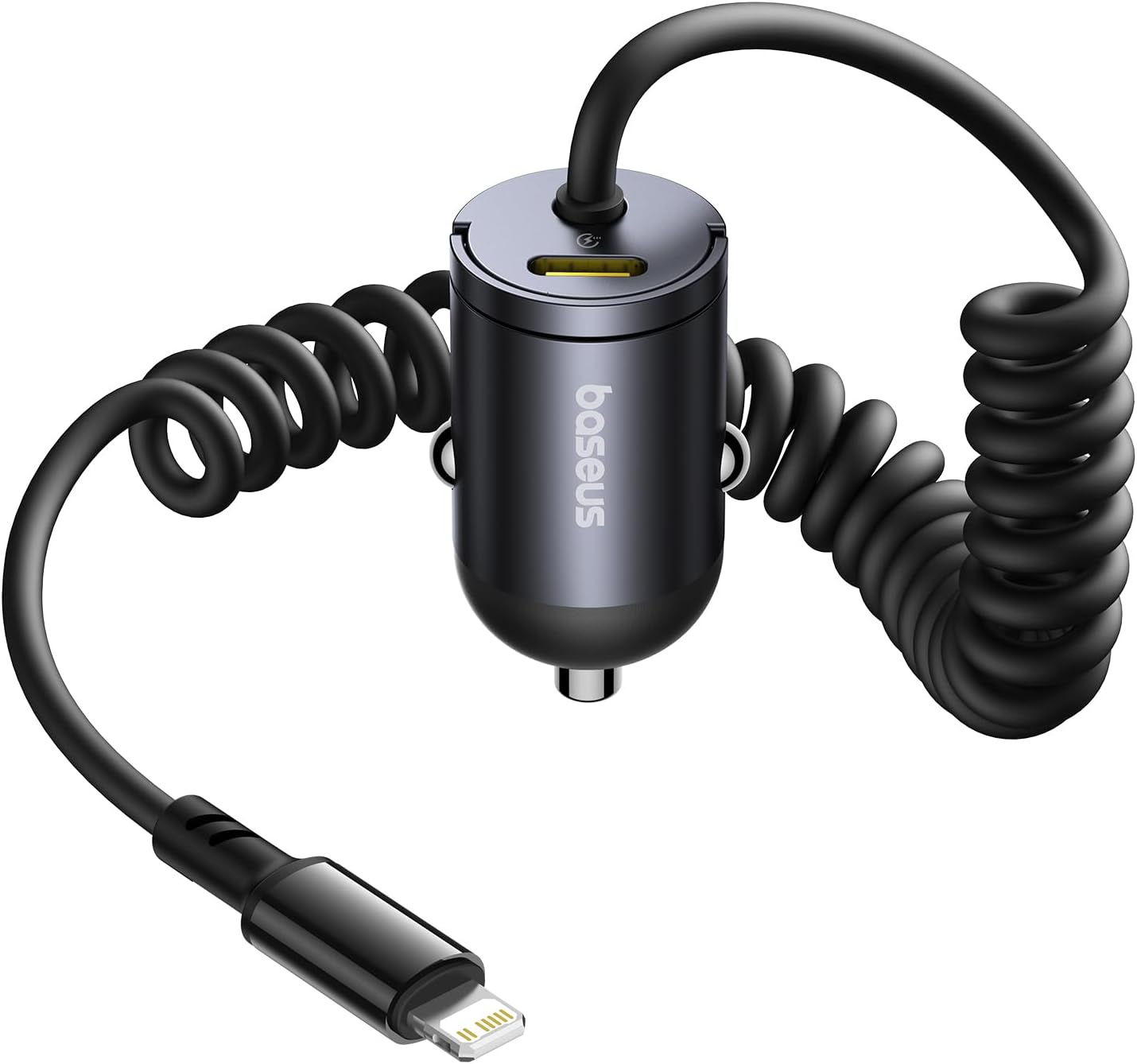 Chargeur de voiture baseus Tiny 1 port - Type C + câble spiralé 30 W iphone USB-C, charge ultra-rapide PD et QC 3.0 pour iPhone 14, 13, 12, 11, iPad, MacBook Air