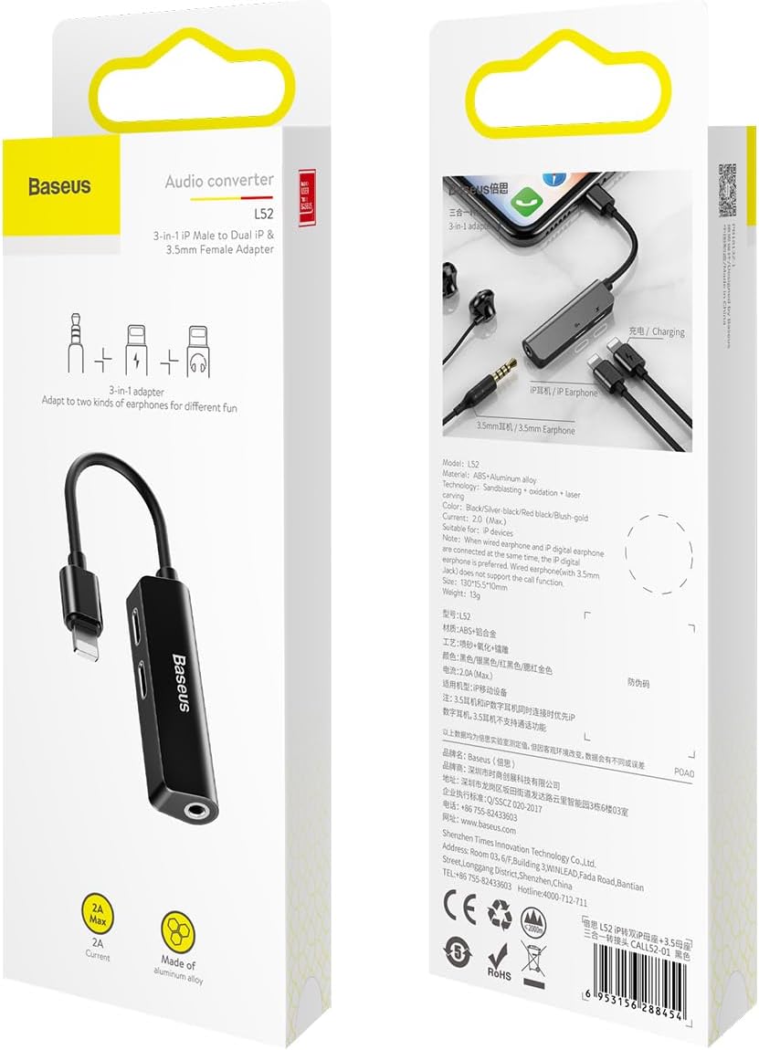 Baseus Audio L52 Lightning Adapter to Mini Jack 3,5 mm et 2 x Lightning (Noir) CALL52-01