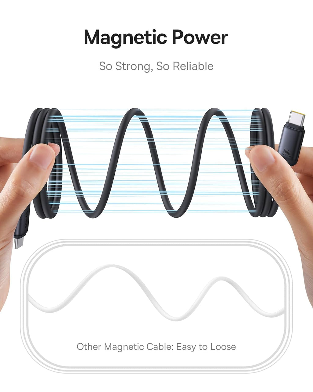 Câble magnétique USB-C Baseus PicoGo, 240 W, enroulé, compatible avec la charge rapide PD 5 A et QC 4.0, en silicone liquide, pour iPhone 16/15 Pro, Samsung Galaxy Pixel, iPad Pro et MacBook Air Noir