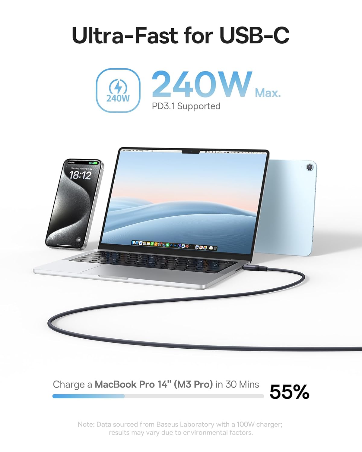 Câble magnétique USB-C Baseus PicoGo, 240 W, enroulé, compatible avec la charge rapide PD 5 A et QC 4.0, en silicone liquide, pour iPhone 16/15 Pro, Samsung Galaxy Pixel, iPad Pro et MacBook Air Noir