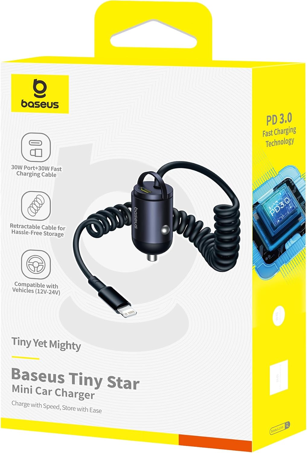 Chargeur de voiture baseus Tiny 1 port - Type C + câble spiralé 30 W iphone USB-C, charge ultra-rapide PD et QC 3.0 pour iPhone 14, 13, 12, 11, iPad, MacBook Air