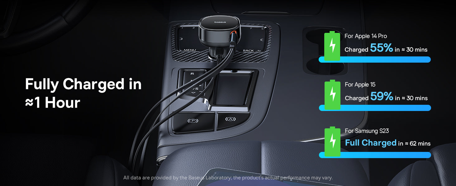 Chargeur de voiture Baseus avec port USB-C et câble rétractable USB-C et Lightning 60 W, gamme Enjoyment Pro - Noir C00057802111-02