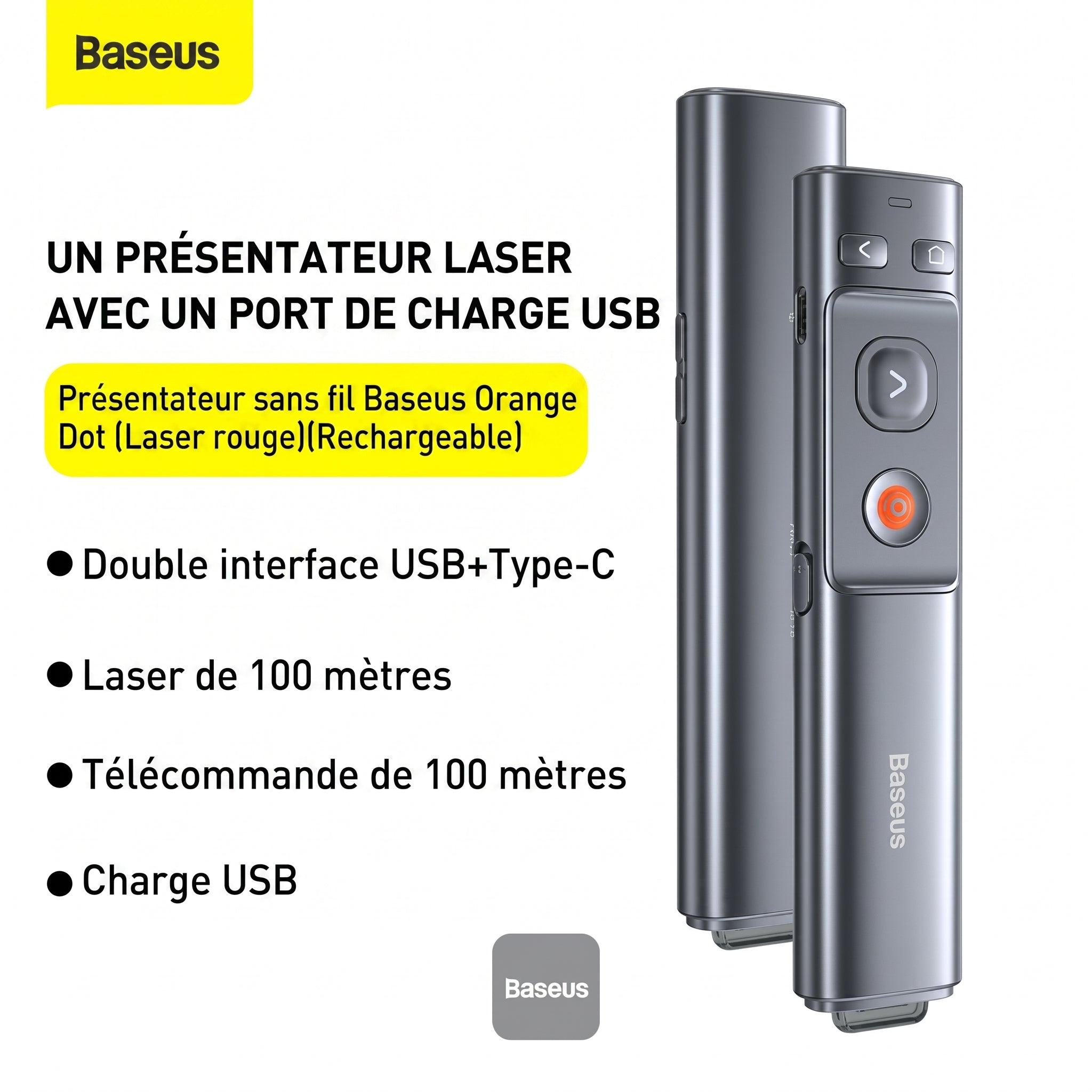 Présentateur sans fil Baseus rechargeable Orange Dot (laser rouge) - Gris WKCD000013