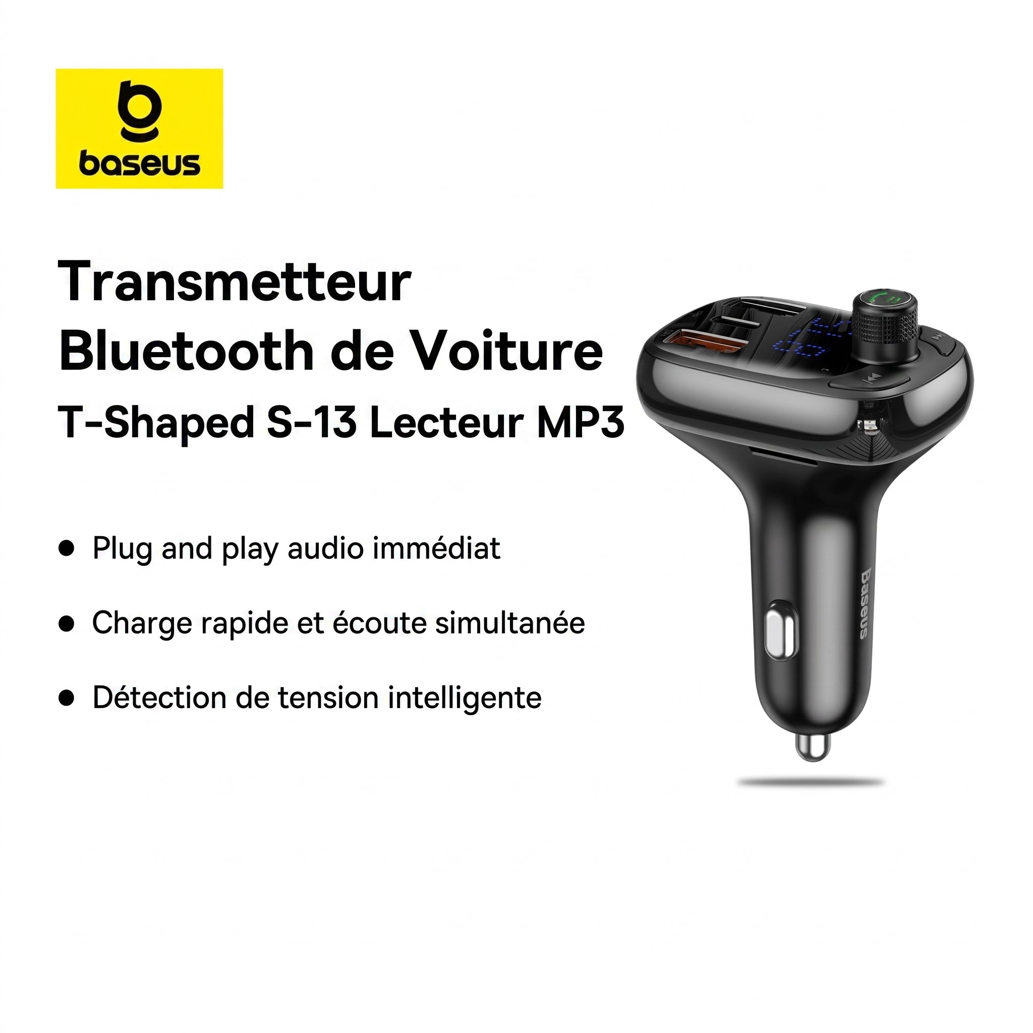 Émetteur FM Bluetooth Baseus T-Typed S-13 – Chargeur rapide PPS 36 W – Noir CCMT000101