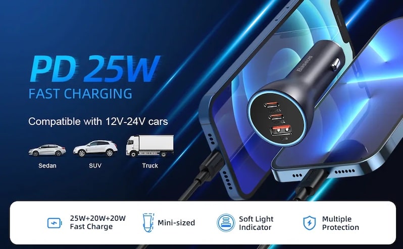 Chargeur de voiture Baseus Golden Contactor Pro Triple Rapide 65W U+C+C  CGJP010003