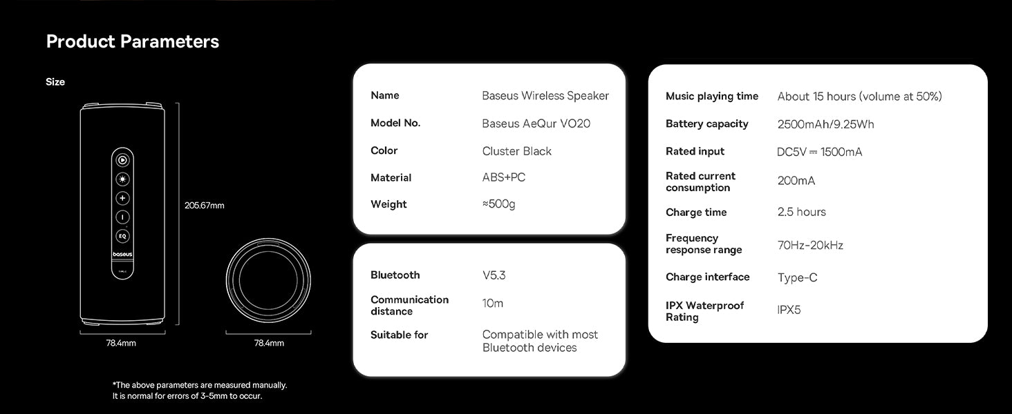 Enceinte Bluetooth Baseus AeQur Series VO20 avec éclairage RGB d'ambiance | Bluetooth 5.3, 15 h d'autonomie, son stéréo puissant de 15 W, basses profondes - Noir A20067900117-00