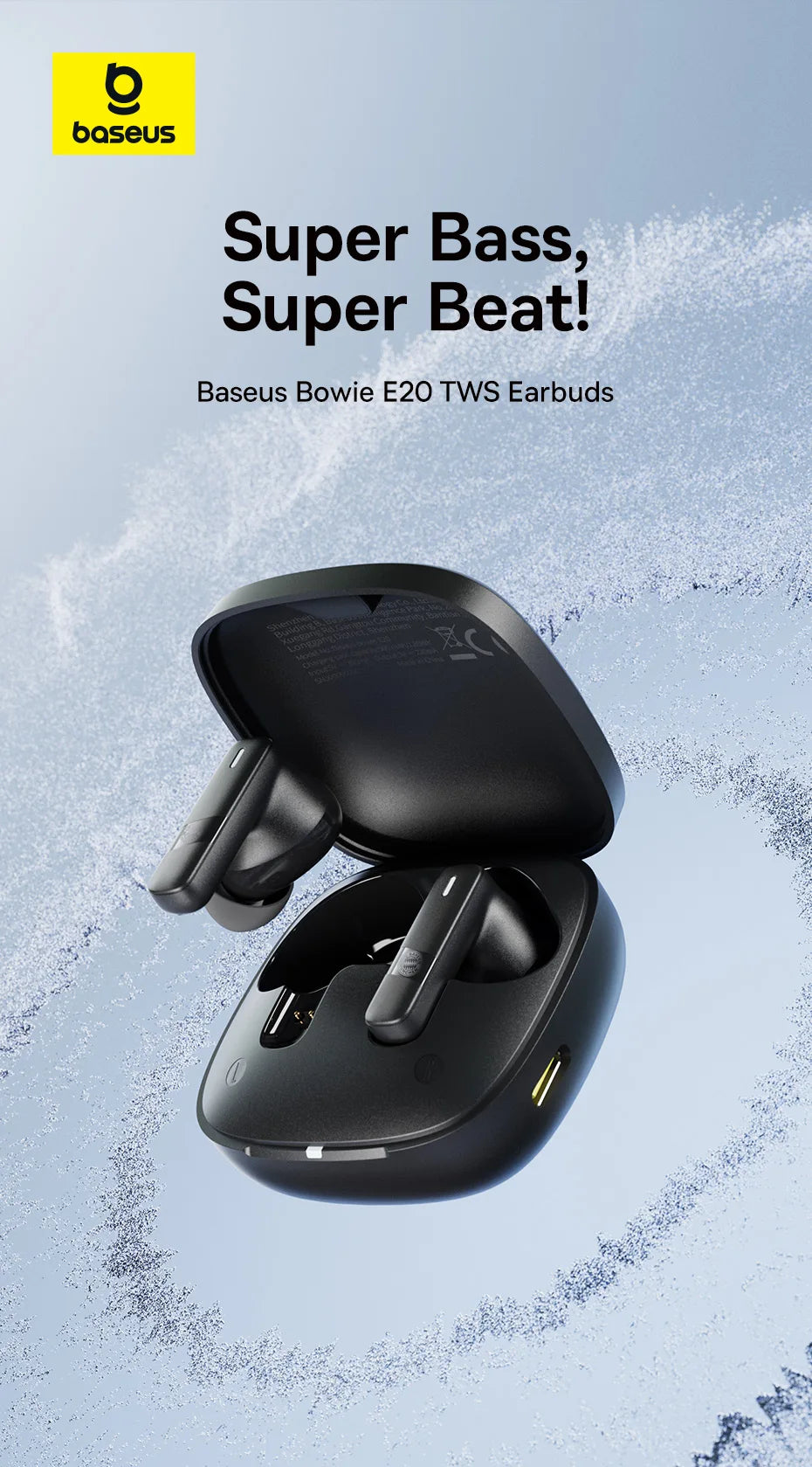 Baseus Écouteurs sans fil E20 avec 2 micros ENC, 33 heures de lecture – Noir-A00069700113-00