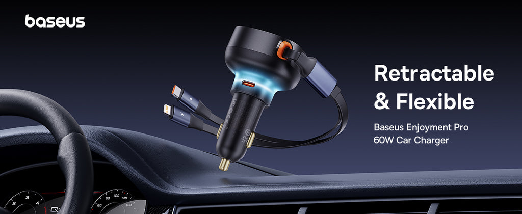 Chargeur de voiture Baseus avec port USB-C et câble rétractable USB-C et Lightning 60 W, gamme Enjoyment Pro - Noir C00057802111-02