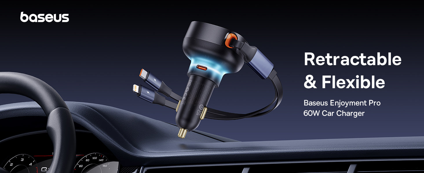 Chargeur de voiture Baseus avec port USB-C et câble rétractable USB-C et Lightning 60 W, gamme Enjoyment Pro - Noir C00057802111-02