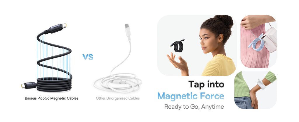 Câble magnétique USB-C Baseus PicoGo, 240 W, enroulé, compatible avec la charge rapide PD 5 A et QC 4.0, en silicone liquide, pour iPhone 16/15 Pro, Samsung Galaxy Pixel, iPad Pro et MacBook Air Noir