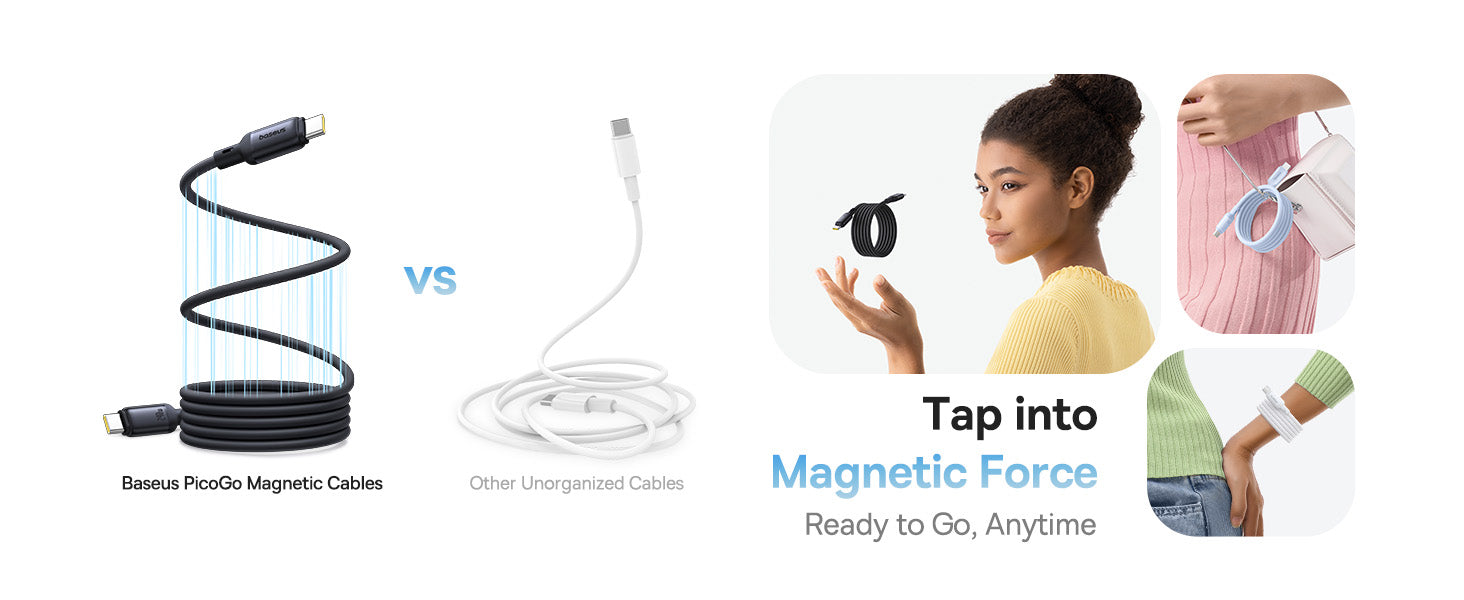 Câble magnétique USB-C Baseus PicoGo, 240 W, enroulé, compatible avec la charge rapide PD 5 A et QC 4.0, en silicone liquide, pour iPhone 16/15 Pro, Samsung Galaxy Pixel, iPad Pro et MacBook Air Noir