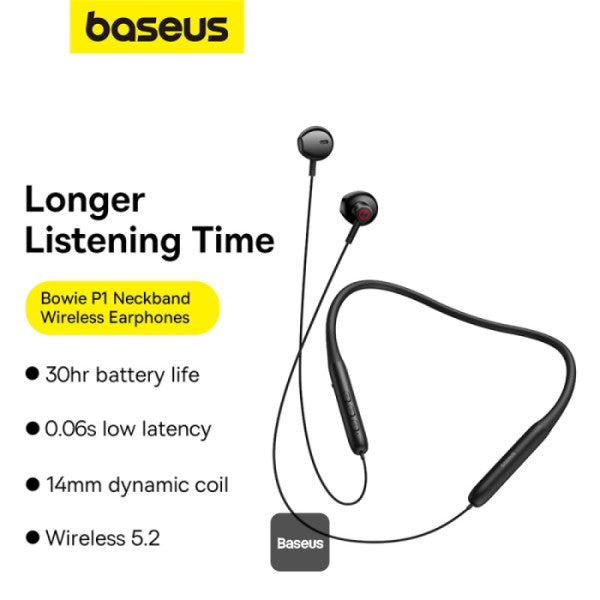 Écouteurs sans fil tour de cou Baseus Bowie P1 - 30 h d'autonomie, Bluetooth V5.2, embouts magnétiques intra-auriculaires, étanches IPX5 - Noir