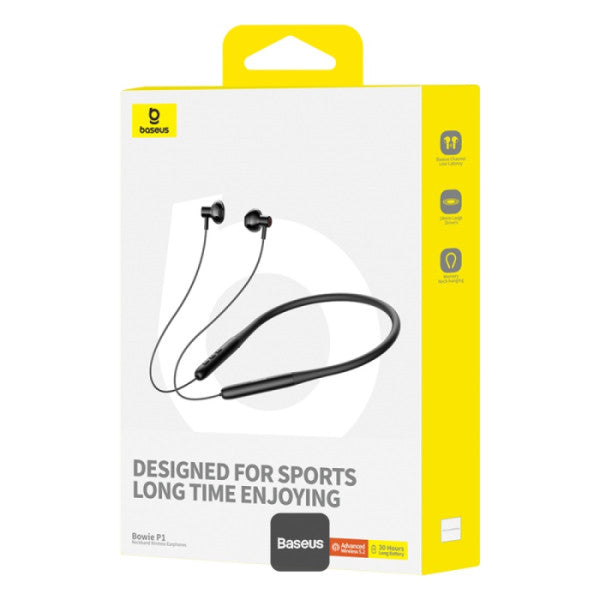 Écouteurs sans fil tour de cou Baseus Bowie P1 - 30 h d'autonomie, Bluetooth V5.2, embouts magnétiques intra-auriculaires, étanches IPX5 - Noir