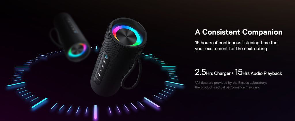 Enceinte Bluetooth Baseus AeQur Series VO20 avec éclairage RGB d'ambiance | Bluetooth 5.3, 15 h d'autonomie, son stéréo puissant de 15 W, basses profondes - Noir A20067900117-00