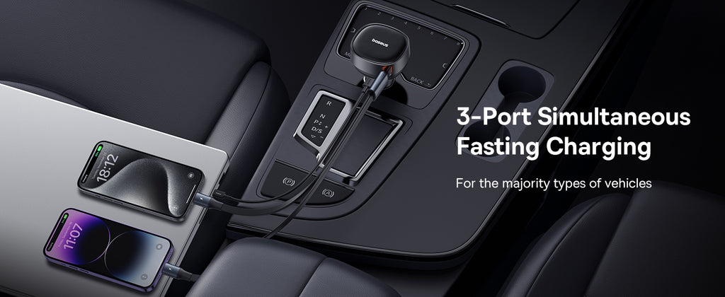 Chargeur de voiture Baseus avec port USB-C et câble rétractable USB-C et Lightning 60 W, gamme Enjoyment Pro - Noir C00057802111-02