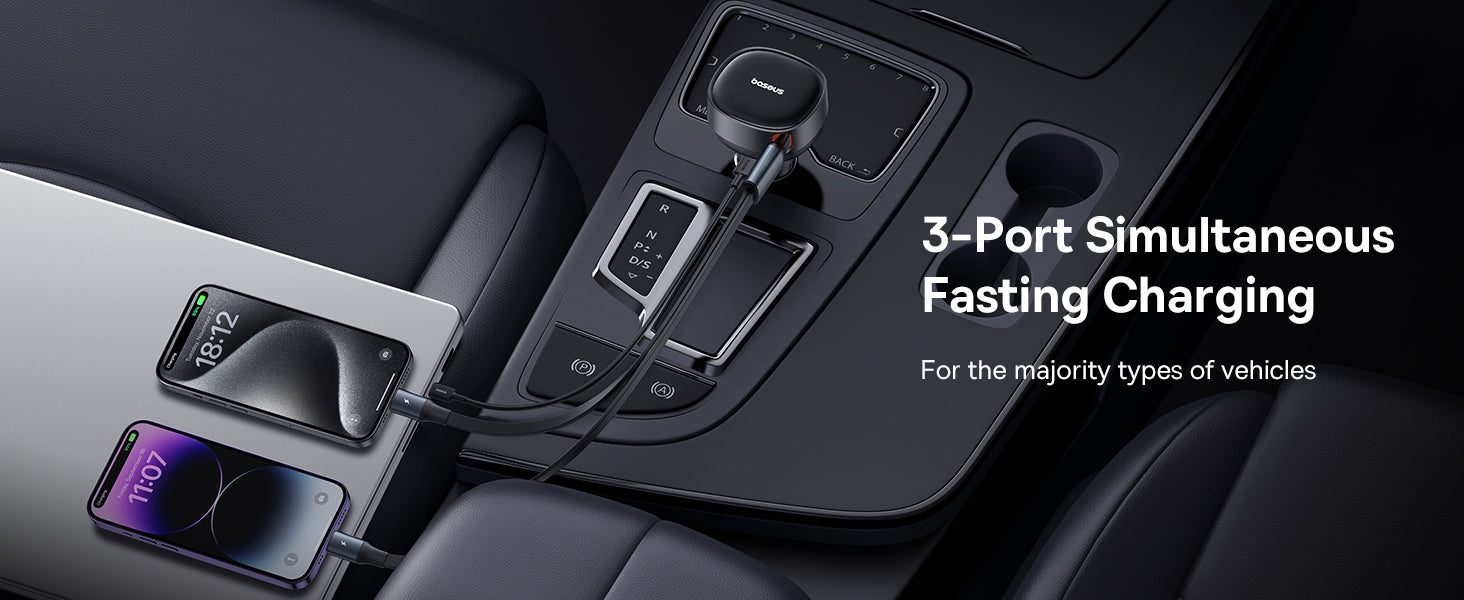 Chargeur de voiture Baseus avec port USB-C et câble rétractable USB-C et Lightning 60 W, gamme Enjoyment Pro - Noir C00057802111-02